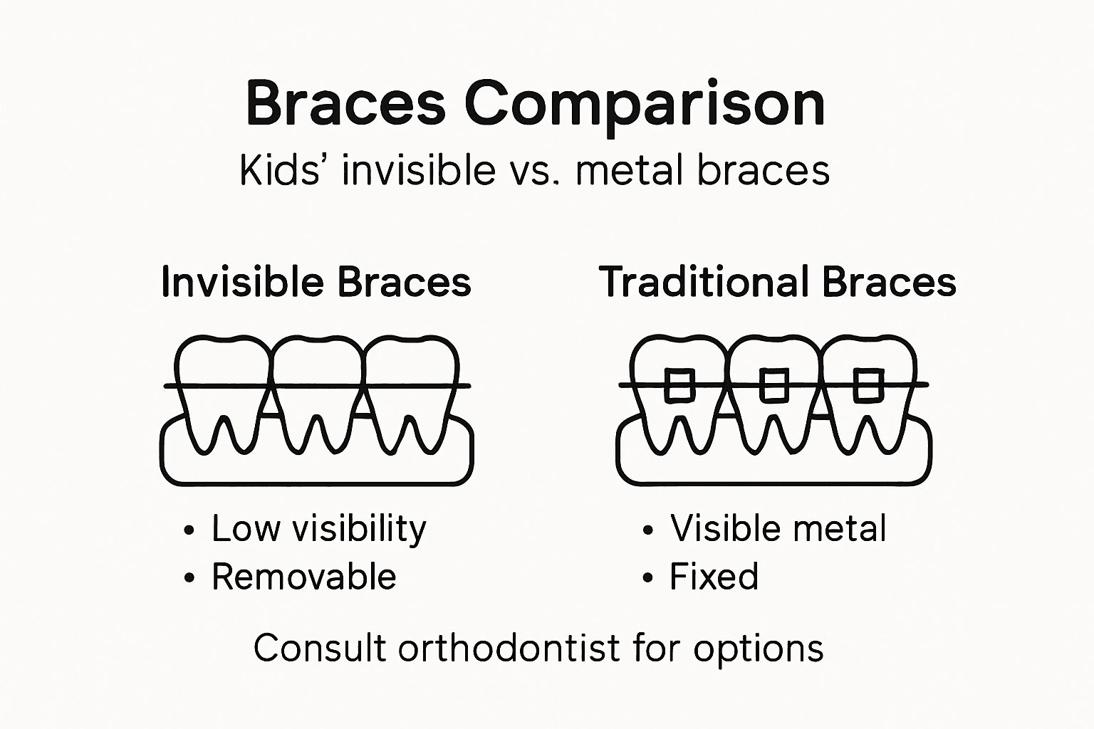 Infographic comparing invisible and traditional braces for kids