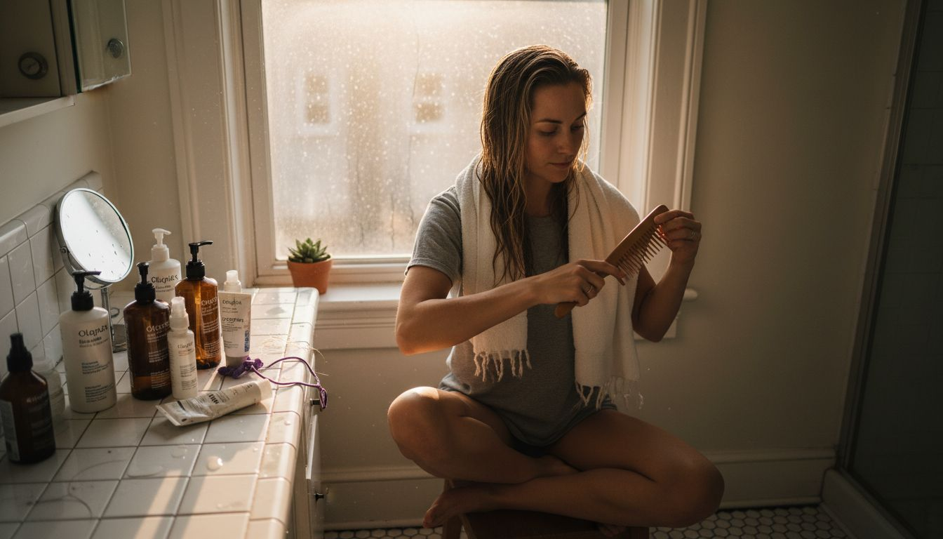 Woman gently detangling hair in bathroom