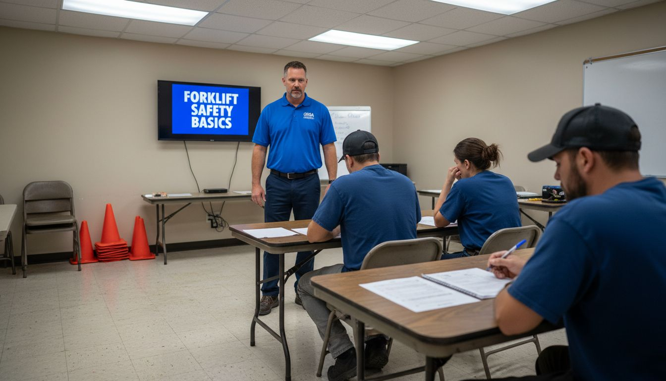 Forklift training instructor with classroom group