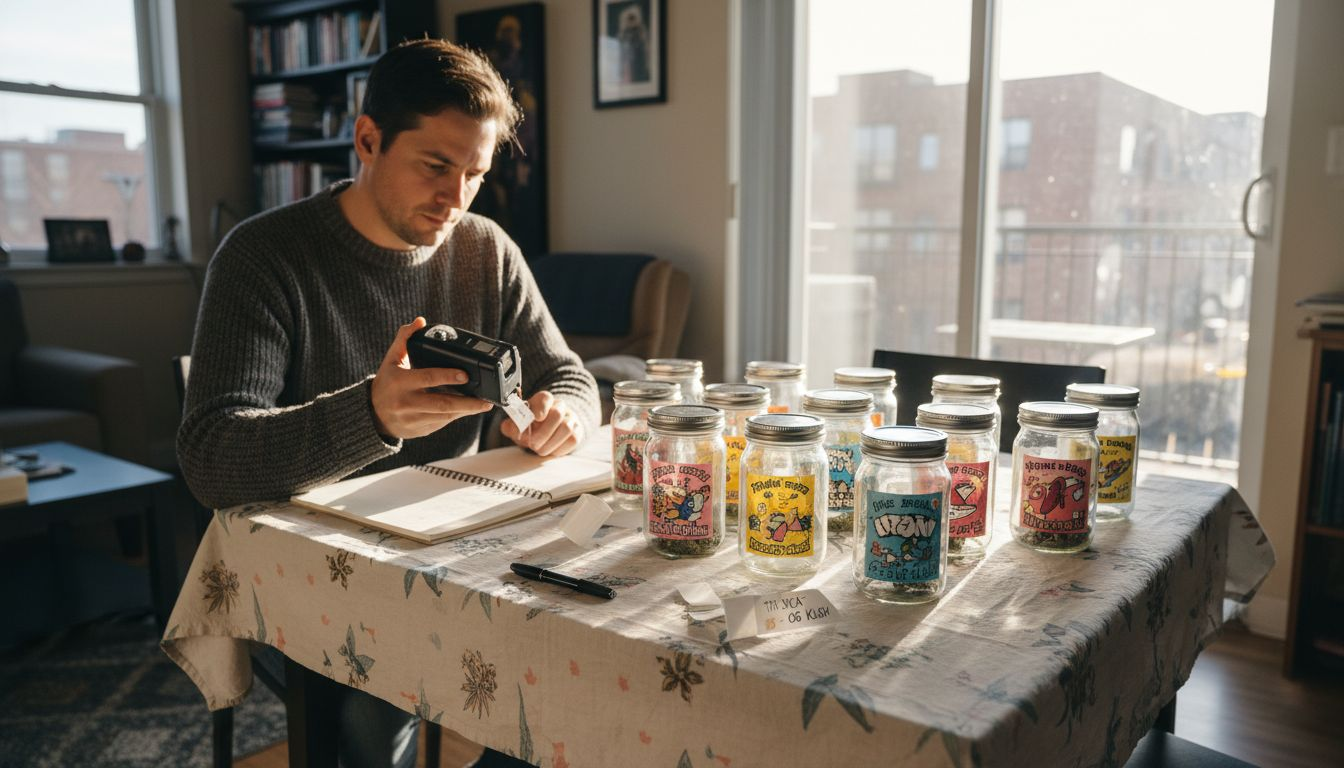 Person labeling and organizing cannabis jars