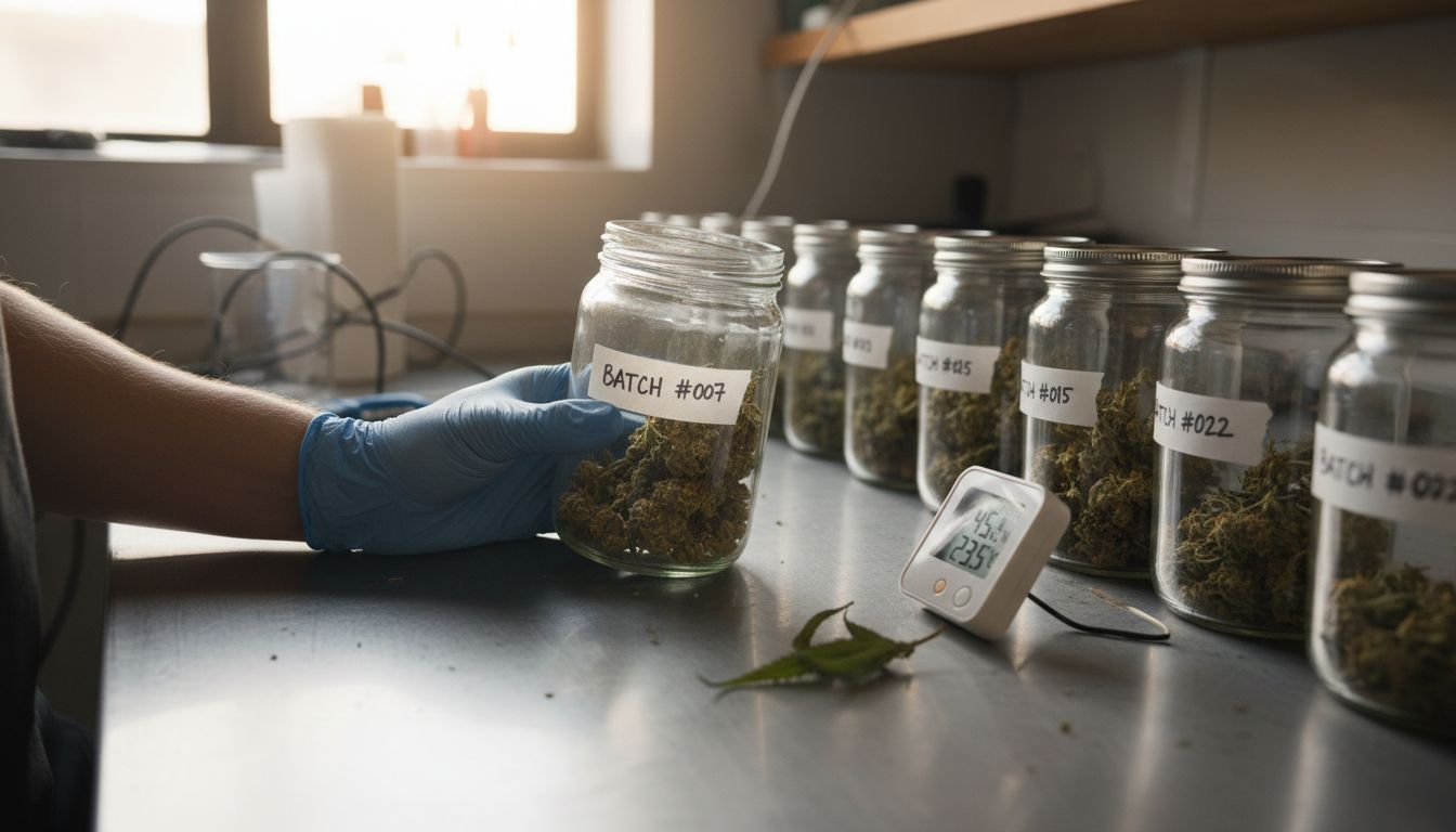 Hands holding glass jar of cured hemp flowers