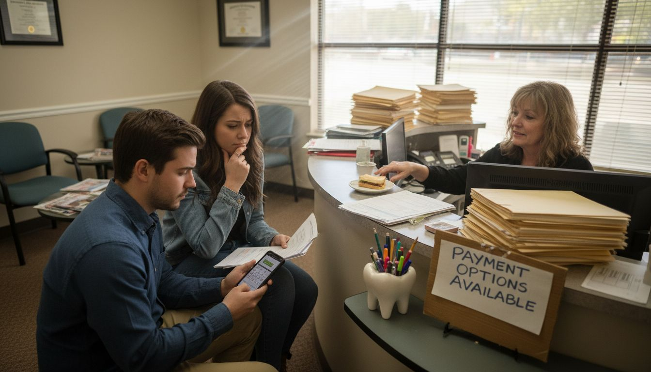 Couple discusses orthodontic costs at front desk
