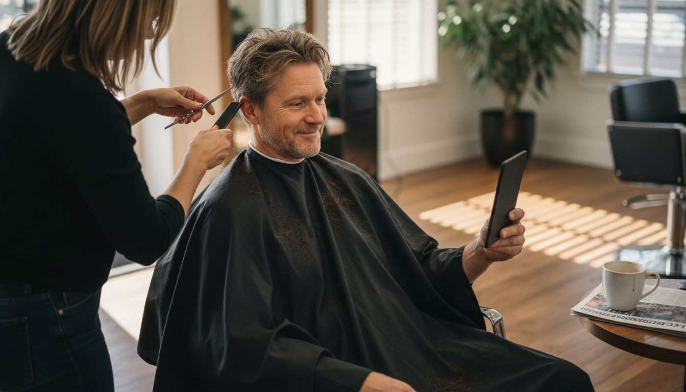 Client checking hair transformation in mirror