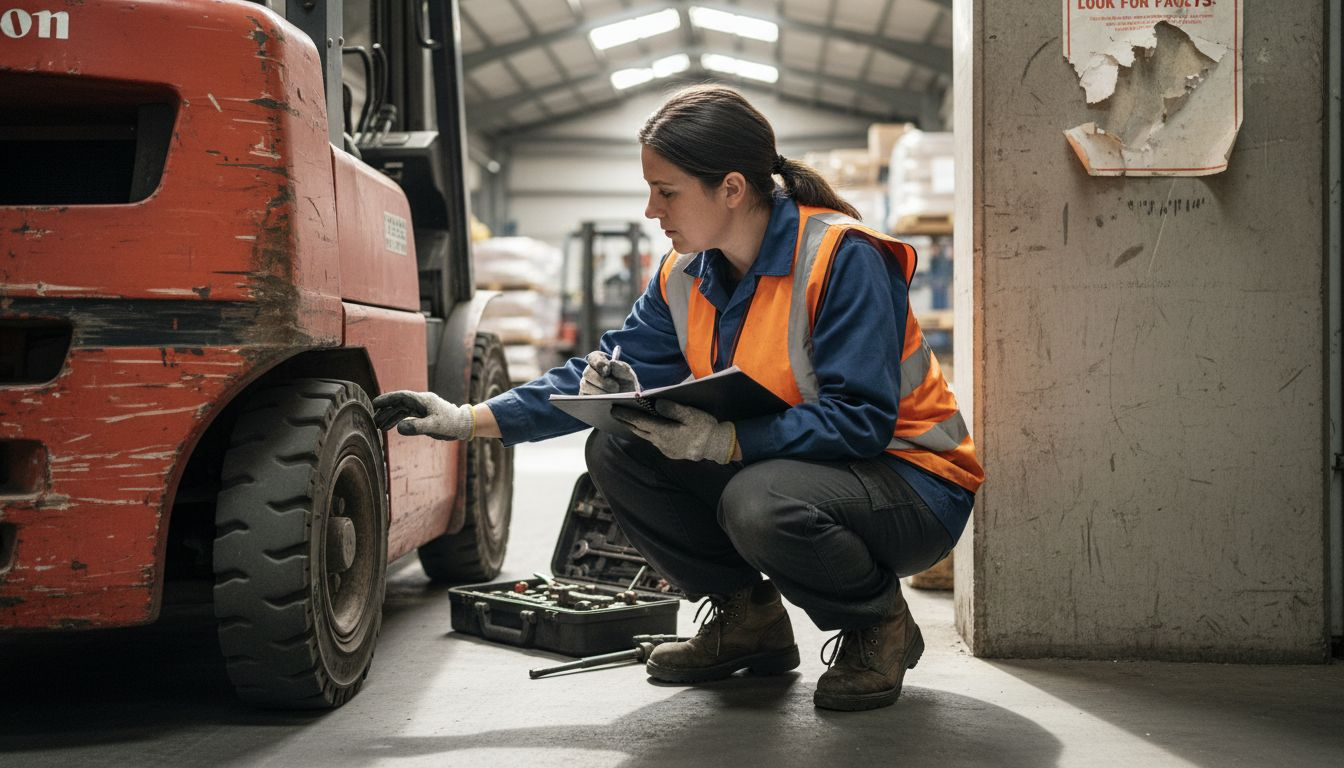 Technician inspecting forklift exterior for safety