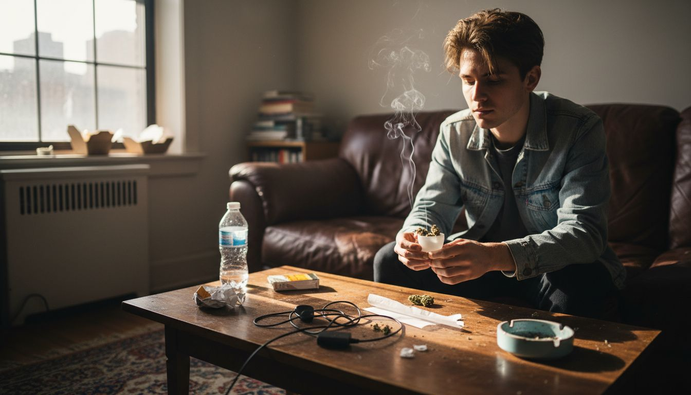 Person using CBD flower pipe indoors