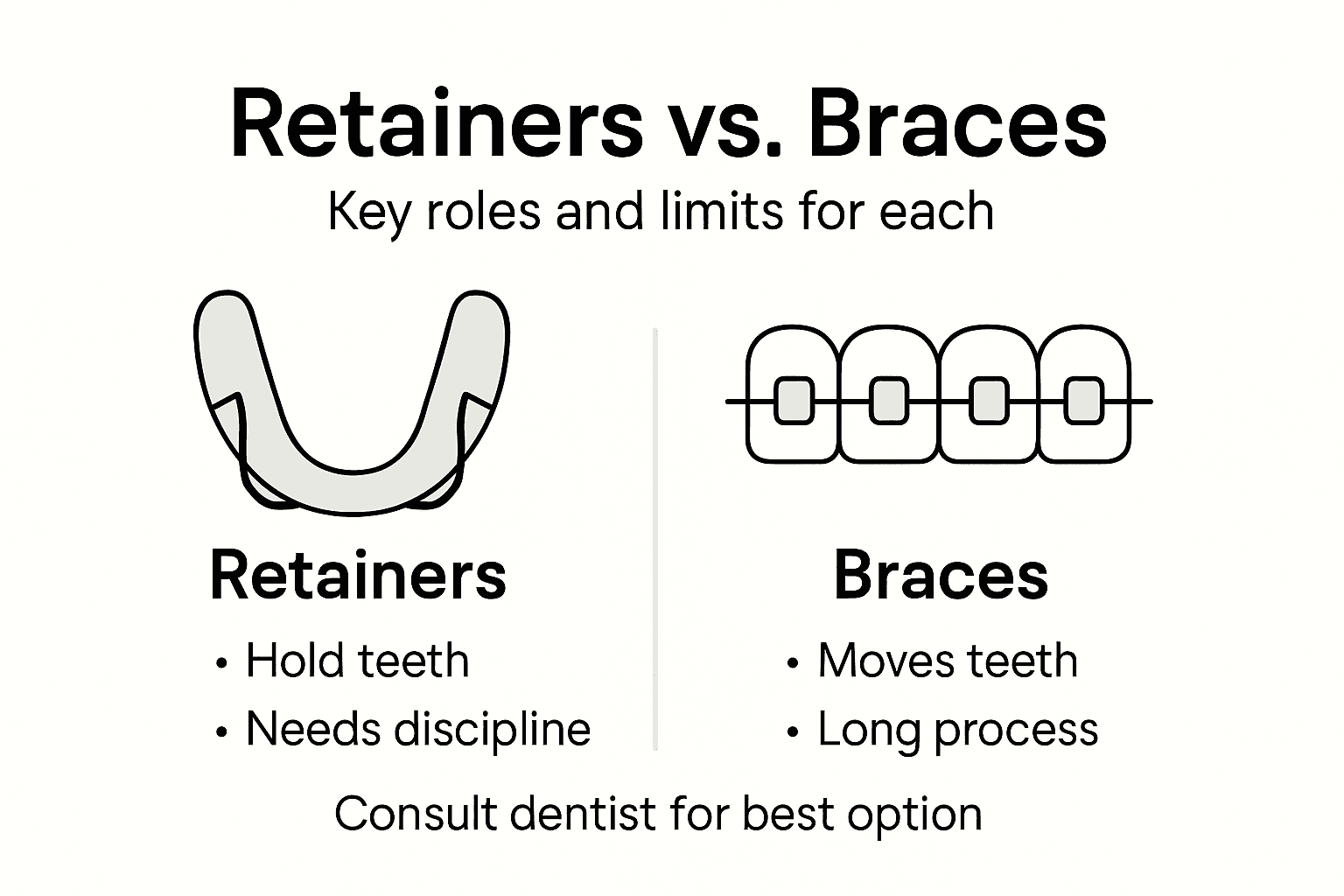 Infographic showing retainers versus braces roles and limits