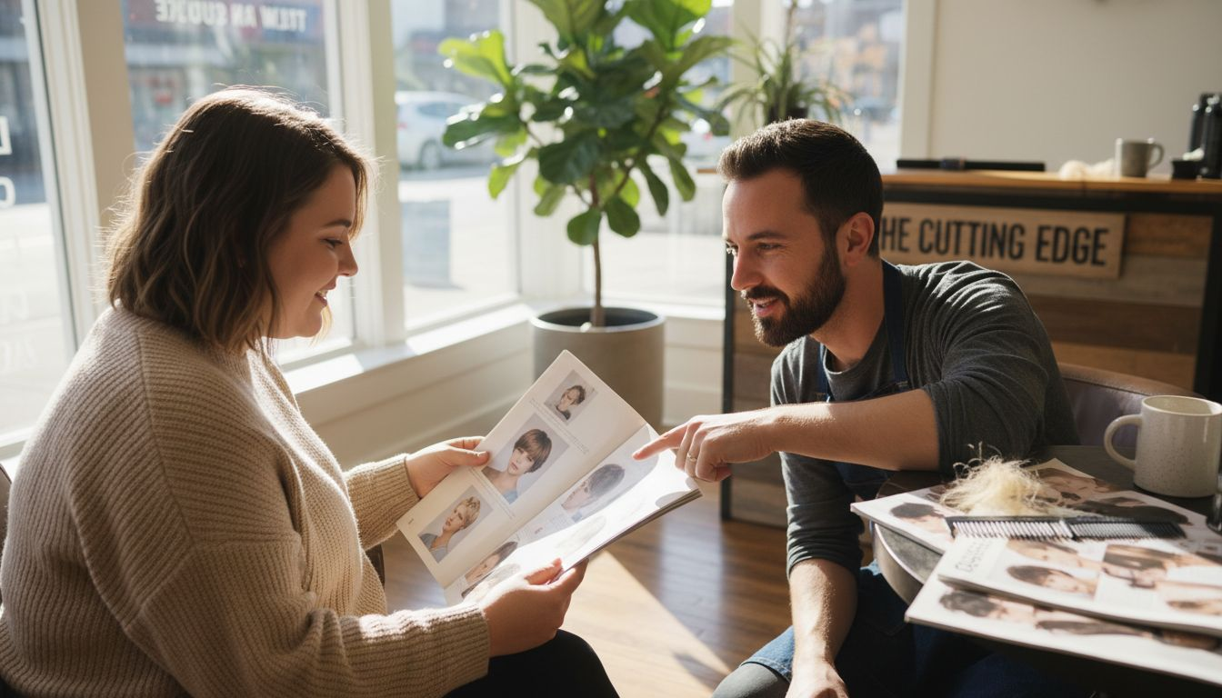Round-faced woman consulting stylist for haircut