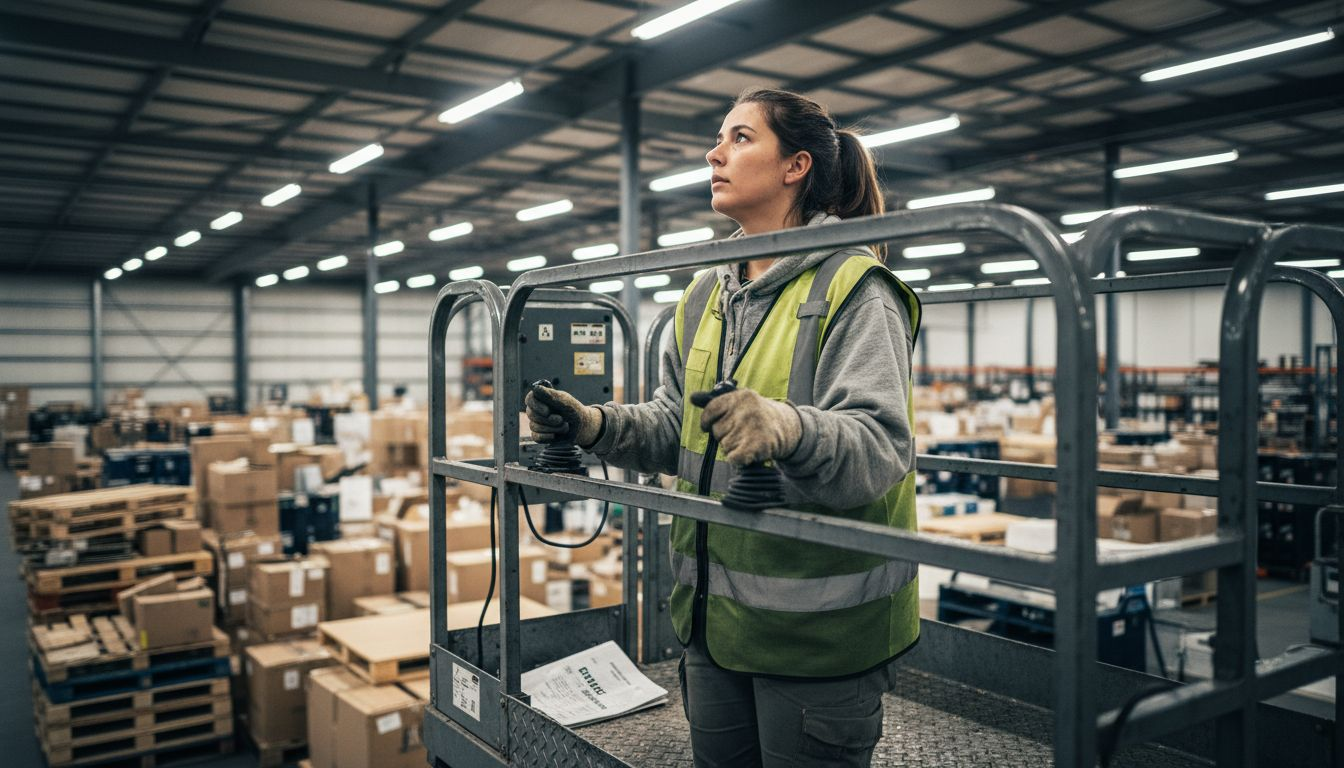 Operator using scissor lift controls indoors