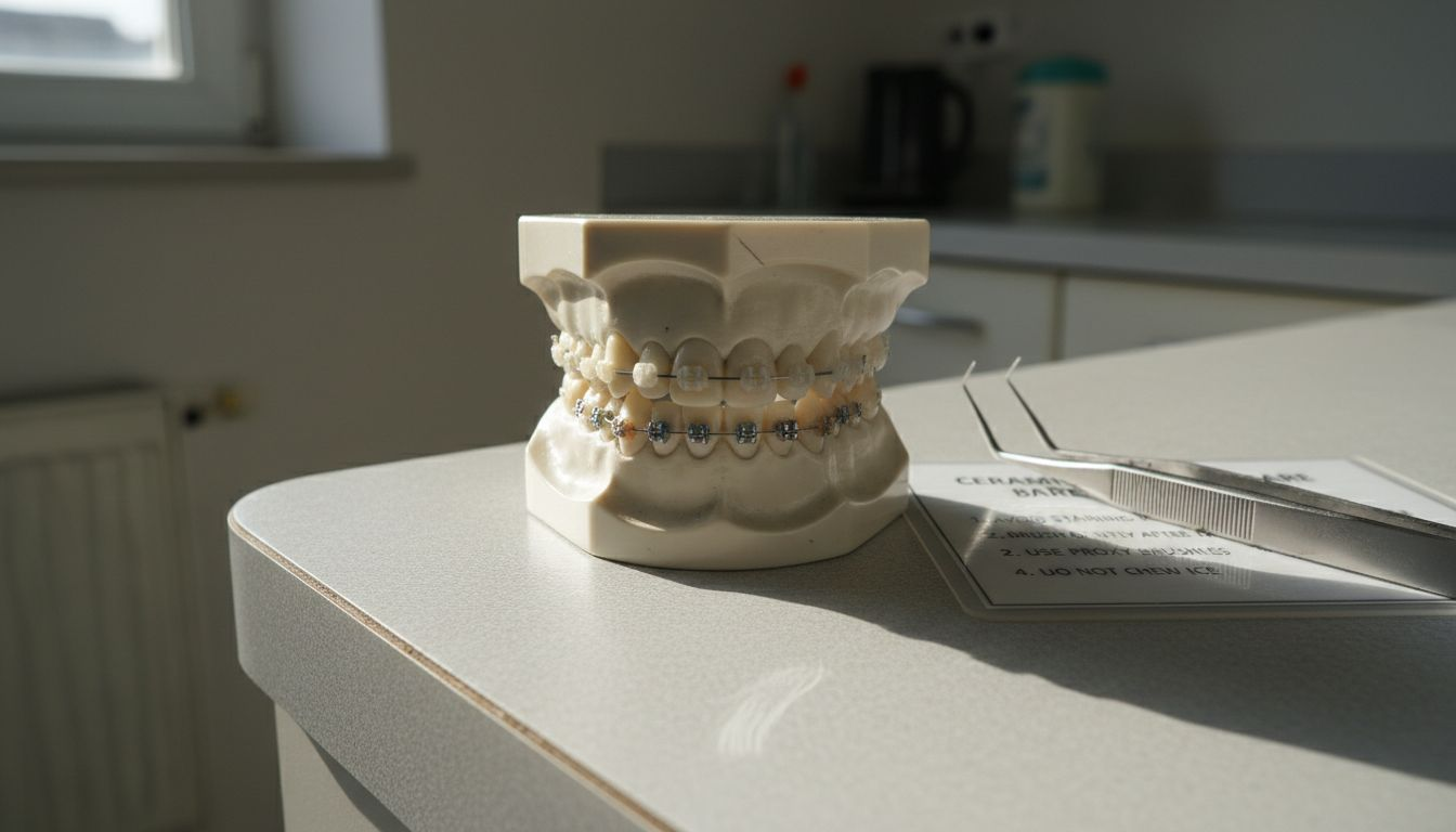 Ceramic braces types on dental model close-up