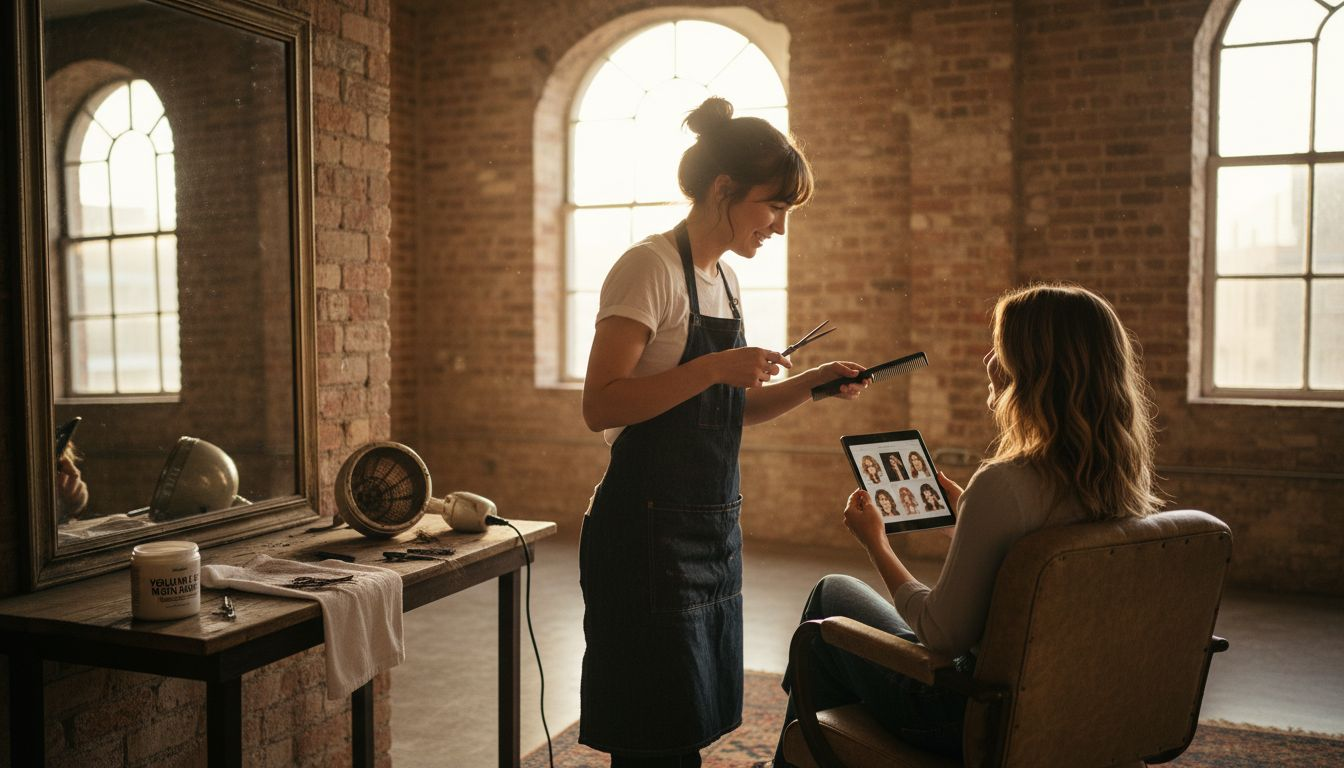 Hair artist and client in sunlit studio