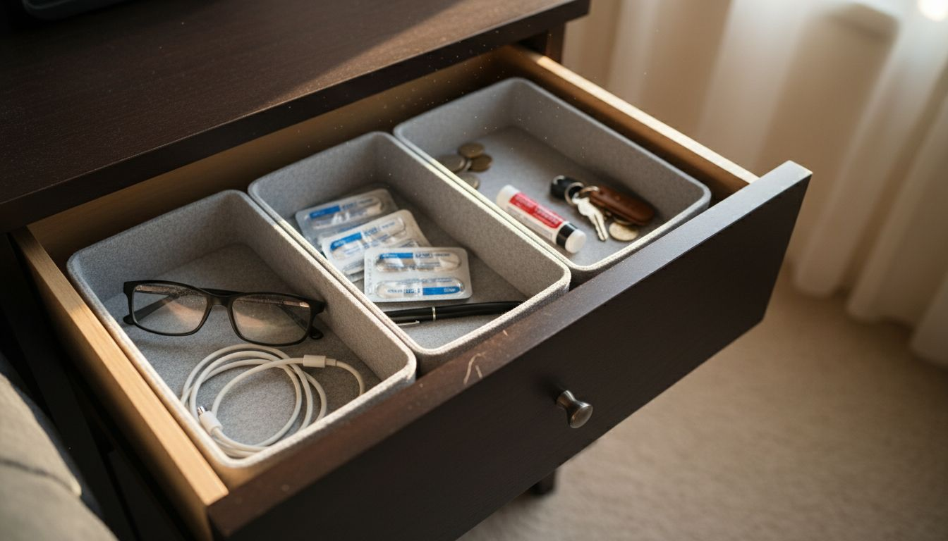 Closeup of storage trays in bedside drawer