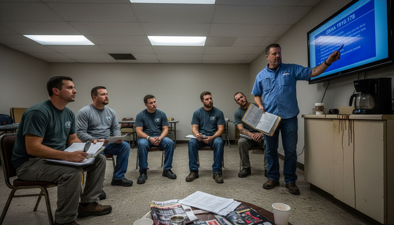 Operators watch OSHA forklift training demonstration