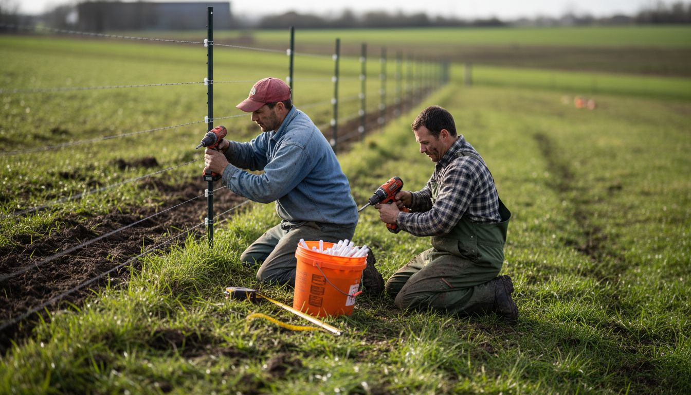 Workers installing insulators on uneven chain link