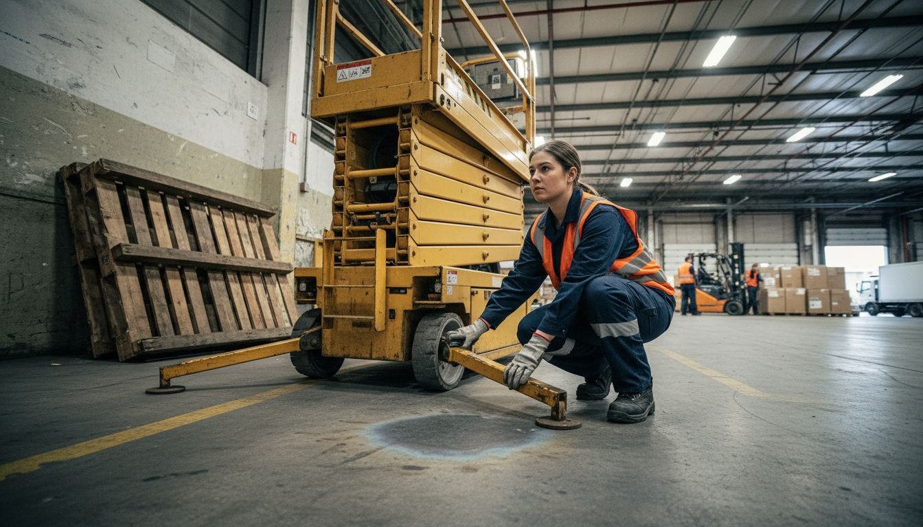 Worker setting up scissor lift in warehouse
