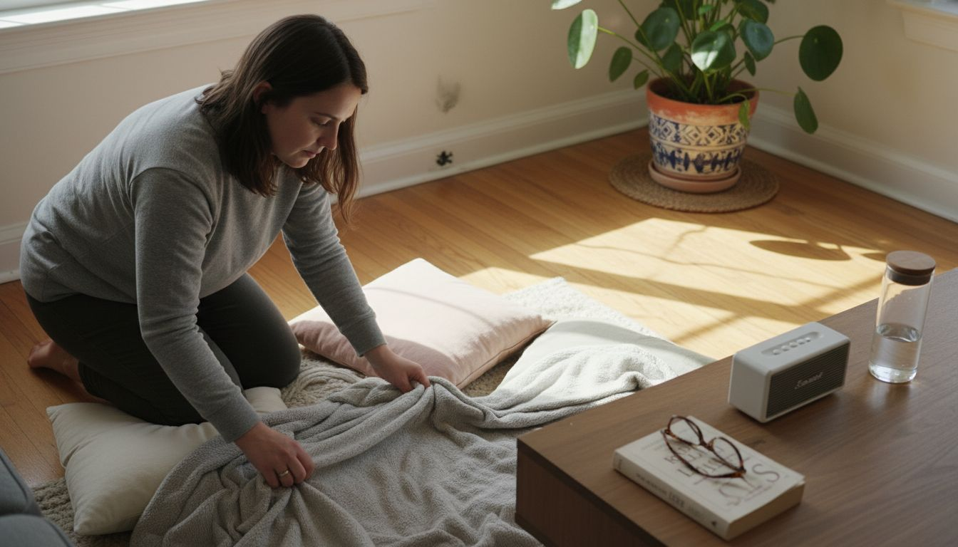 Woman setting up room for psychedelic wellness
