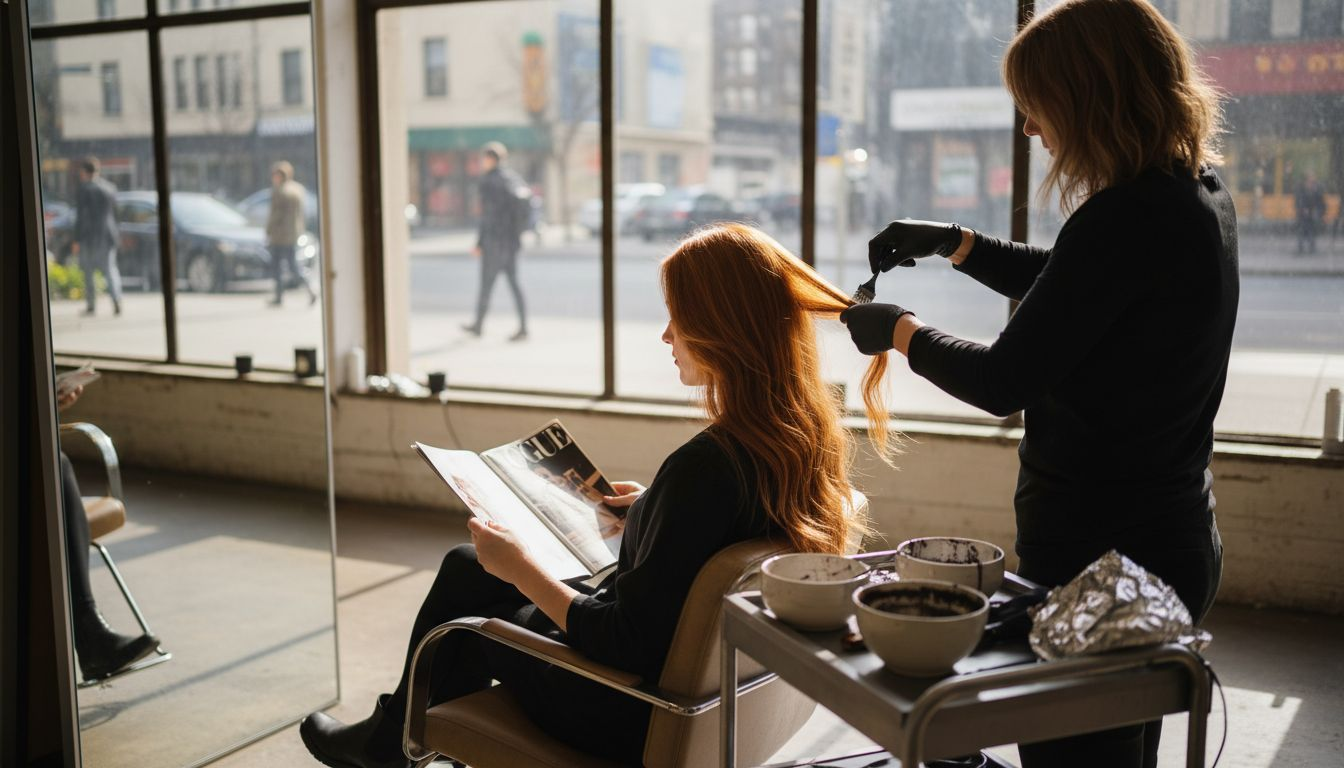 Woman receiving red hair balayage in natural light salon