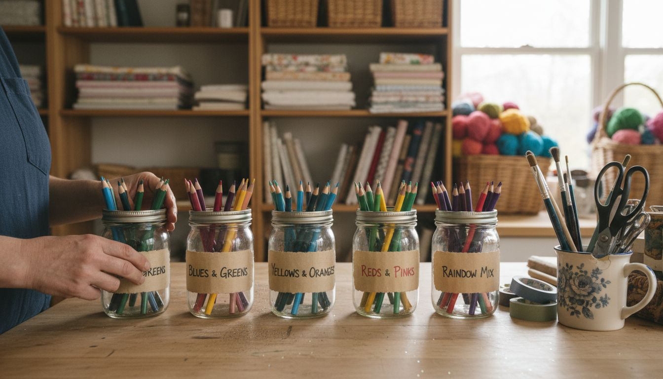 Hands sorting craft materials at kitchen island