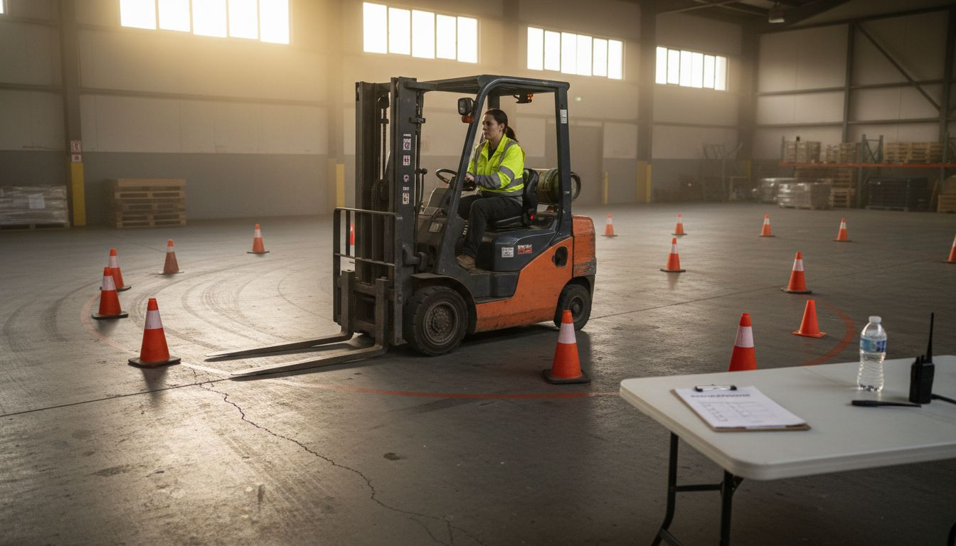 Trainee practicing forklift skills with safety cones