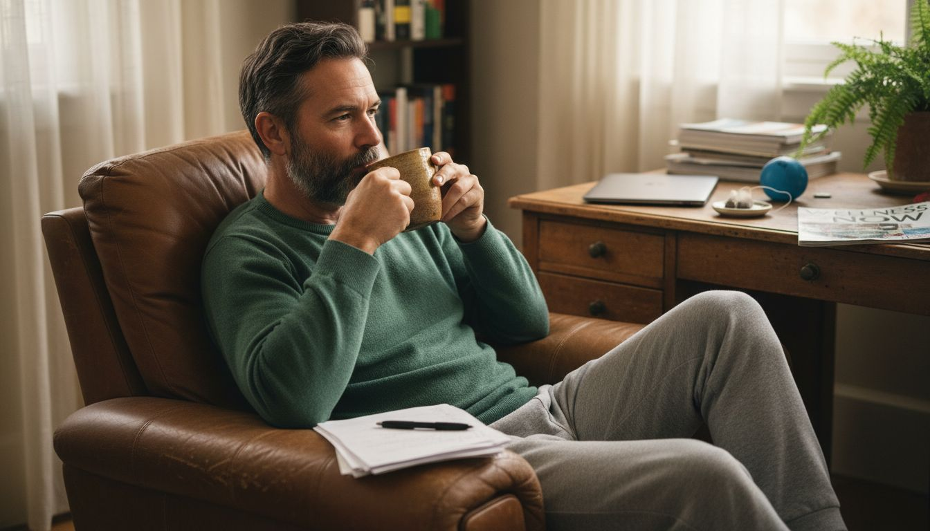 Man relaxing with tea in cozy home office