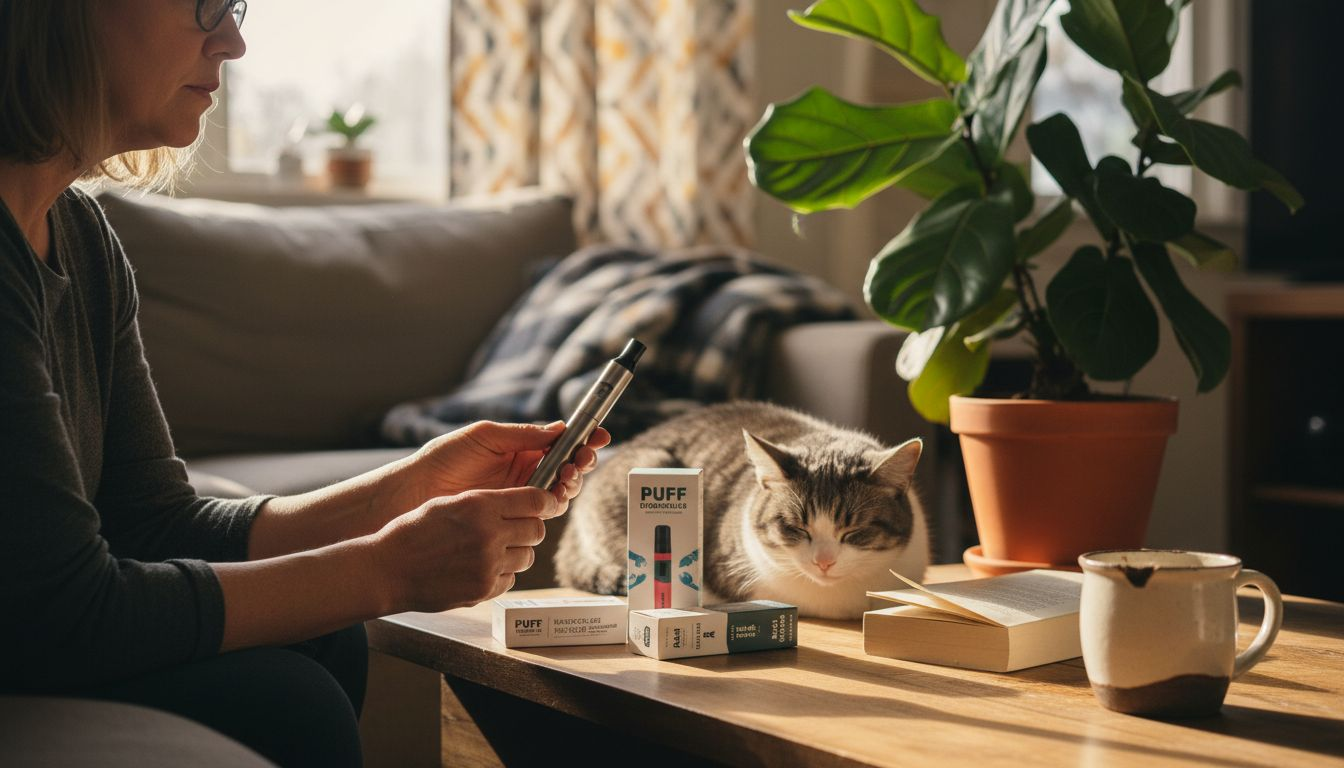 Woman comparing disposable and refillable vape pens