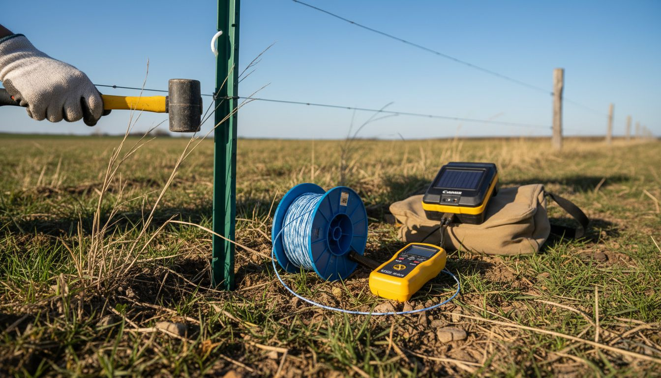 Installing hot wire fence support post in field