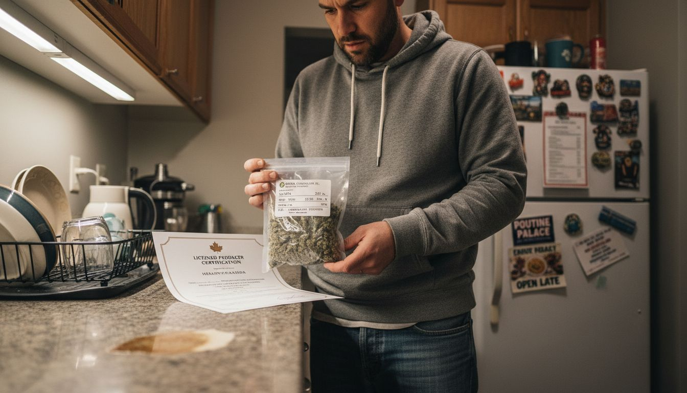 Man verifying cannabis product authenticity