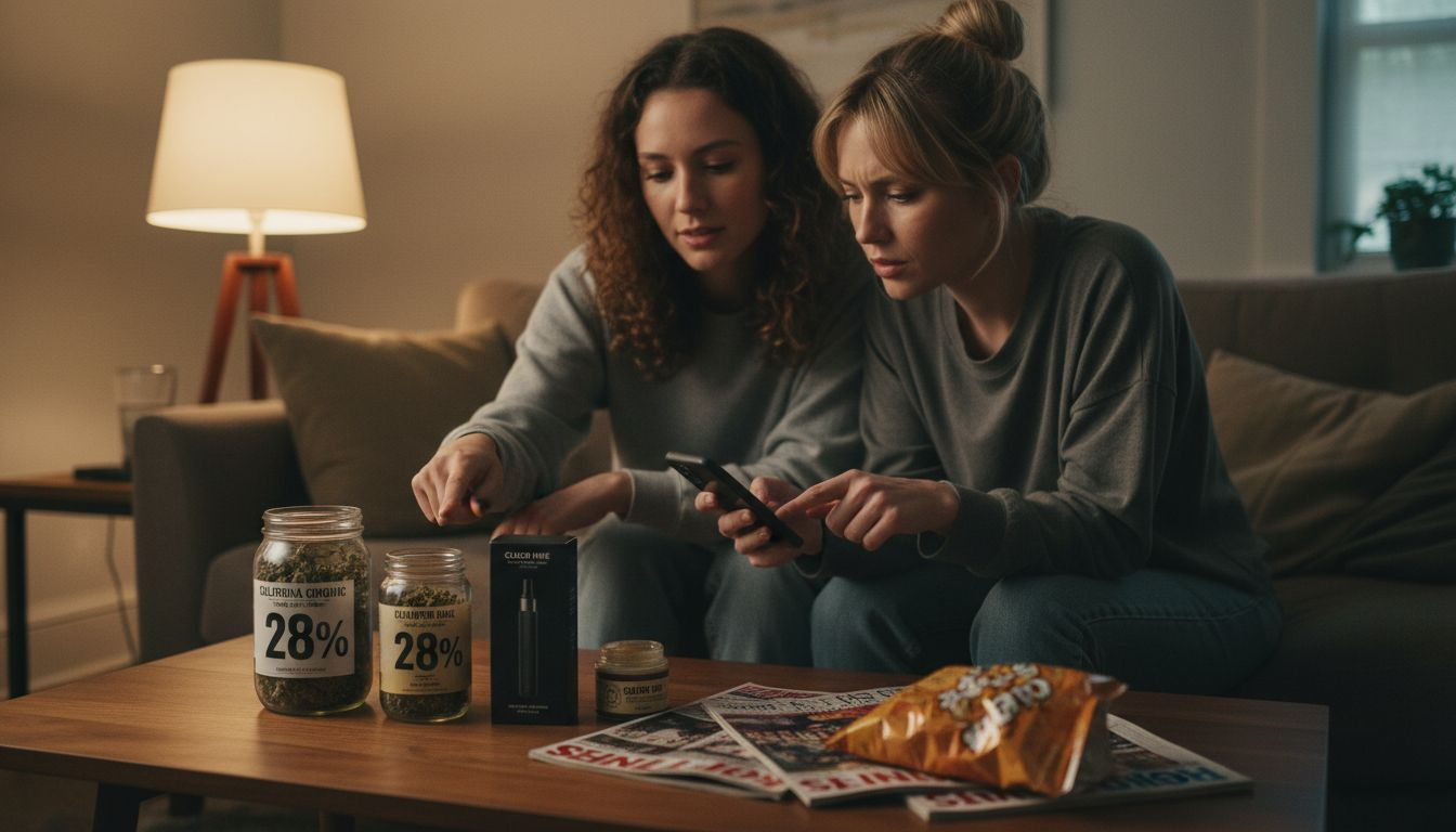 Women comparing THC percentages on cannabis products