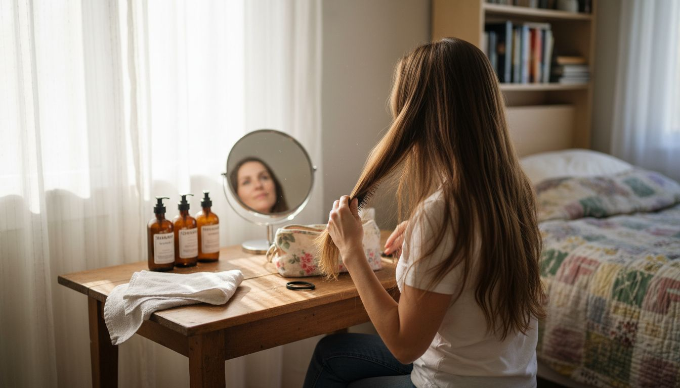 Woman brushing shiny hair by sunlit bedroom vanity