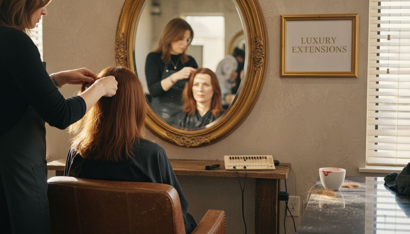Woman receiving luxury hair extensions in salon