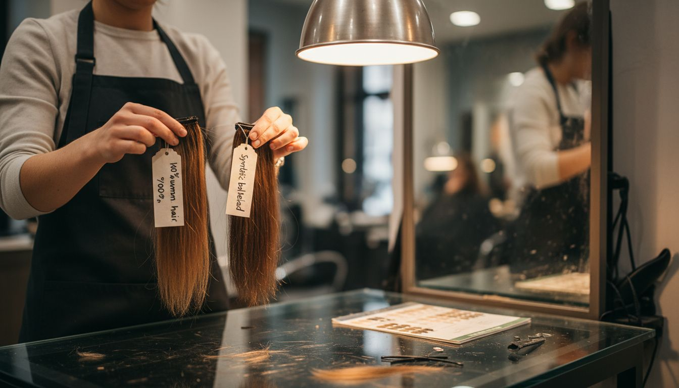 Stylist comparing human and synthetic hair extensions