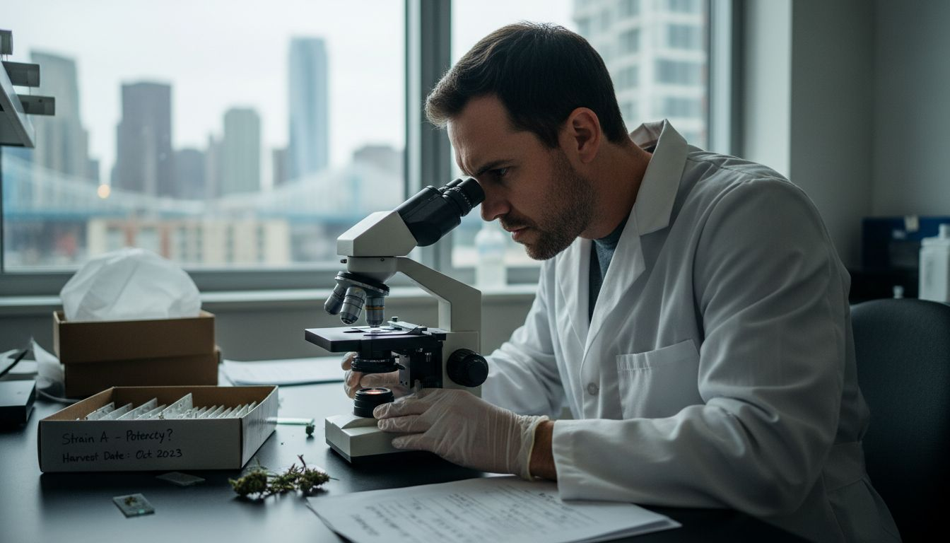 Lab technician analyzing cannabis flower sample
