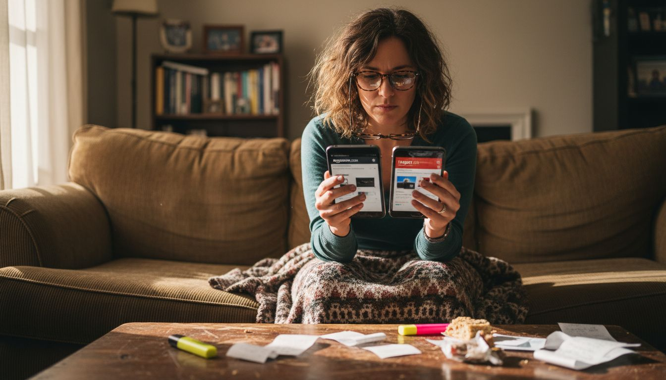 Woman comparing mushroom retailers on tablet