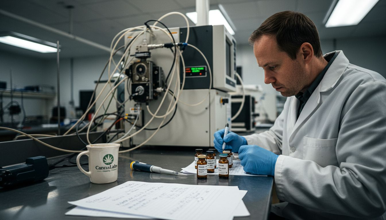 Technician labeling cannabis samples in lab environment