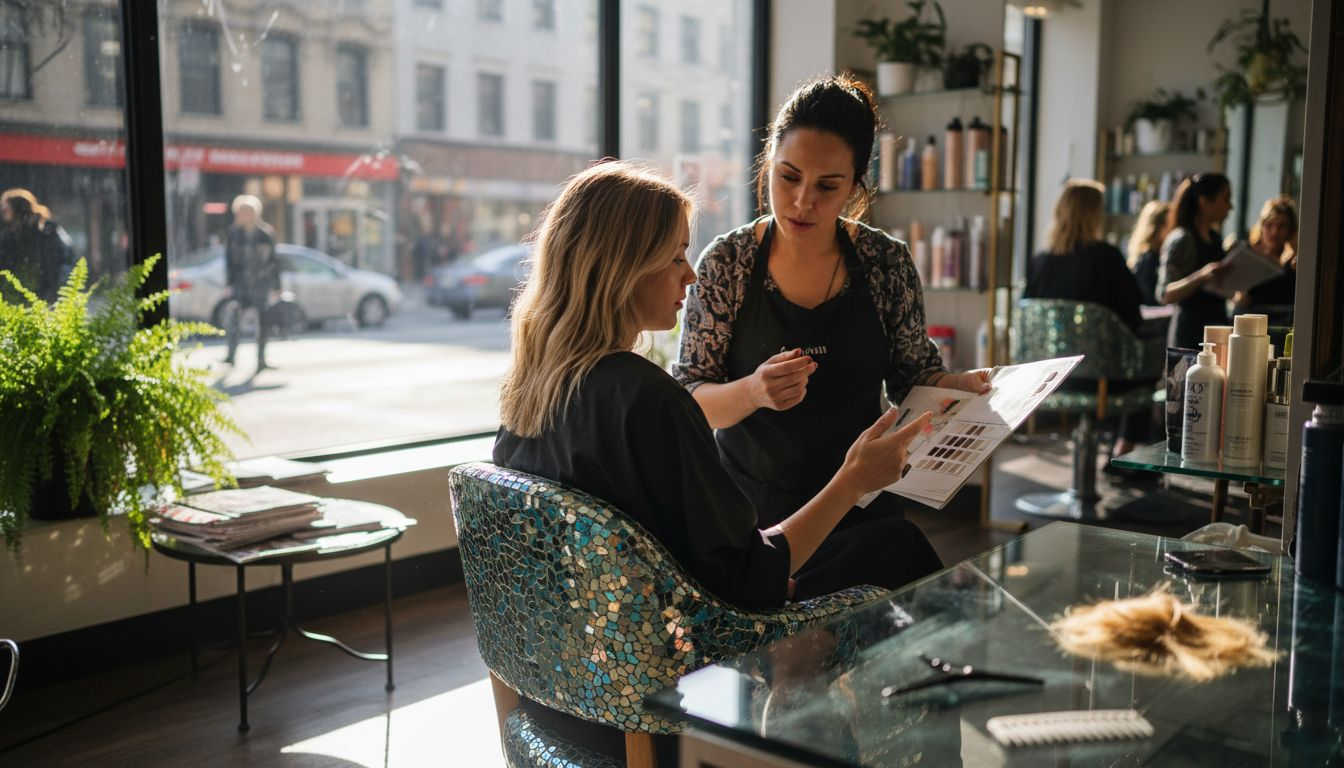 Salon client and stylist discuss hair color