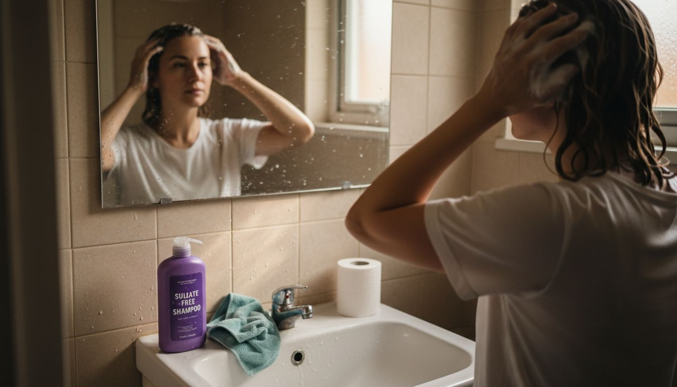 Woman applying sulfate-free shampoo in bathroom