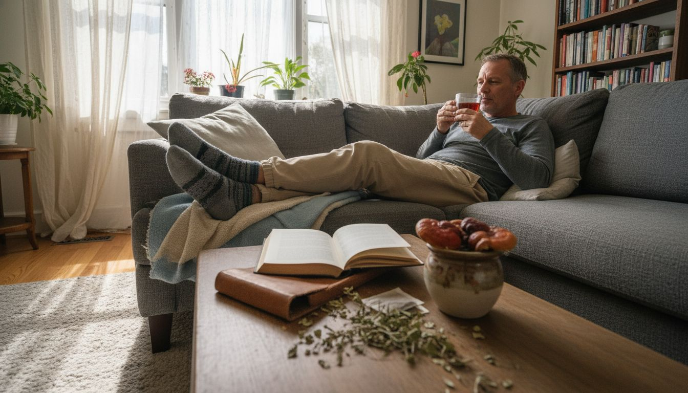 Man relaxing with mushroom tea at home