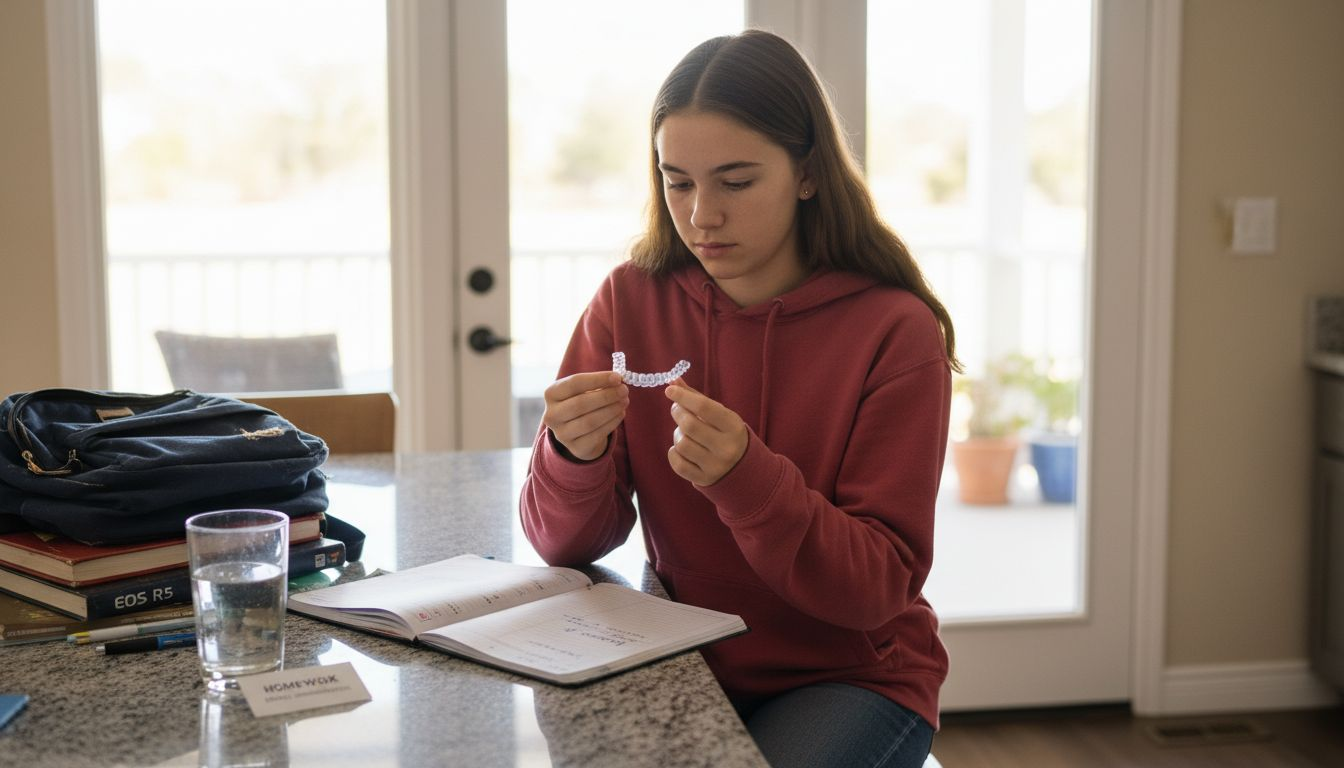 Teen girl holding Invisalign aligner at kitchen