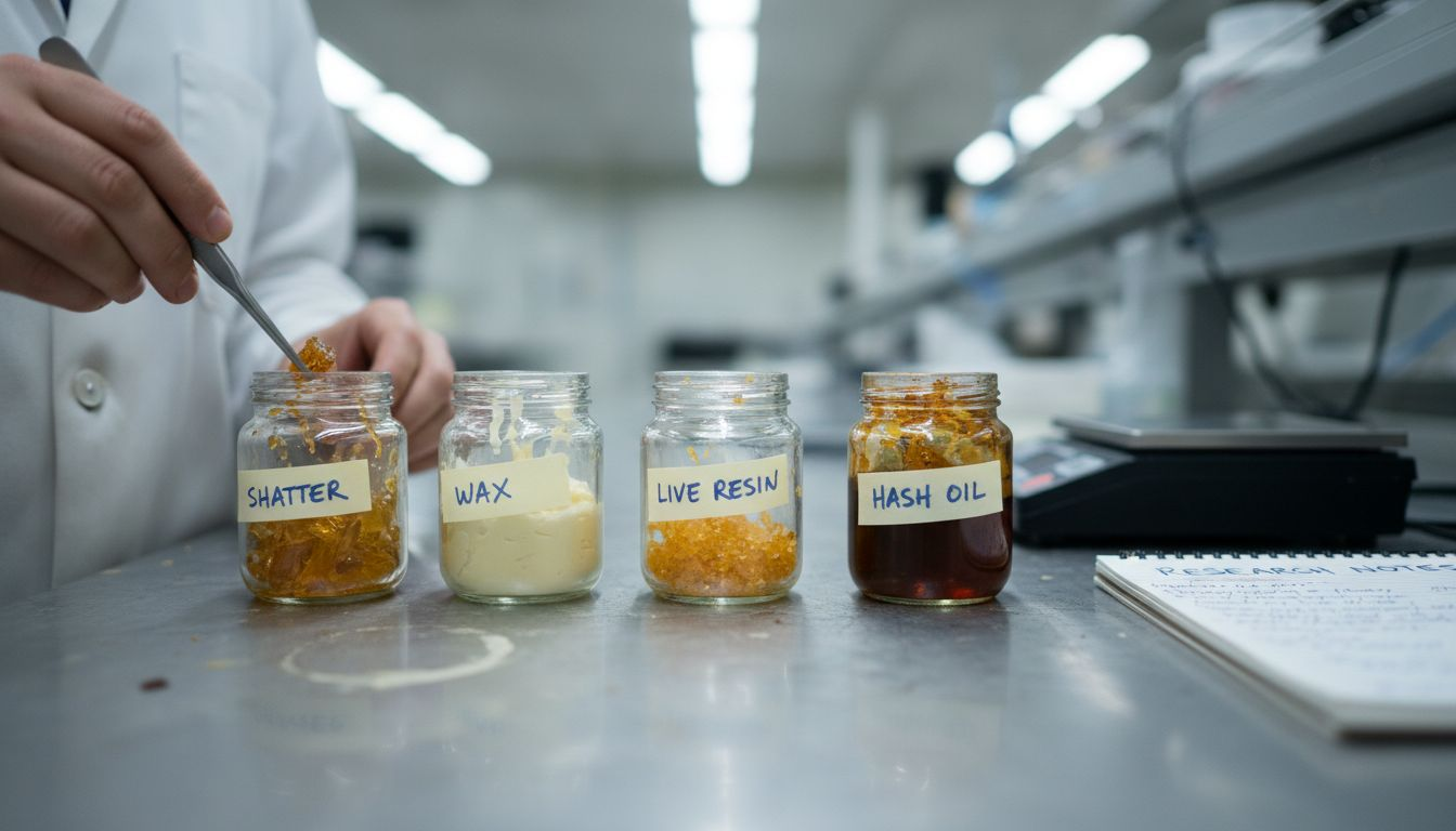 Lab jars showing cannabis concentrate types