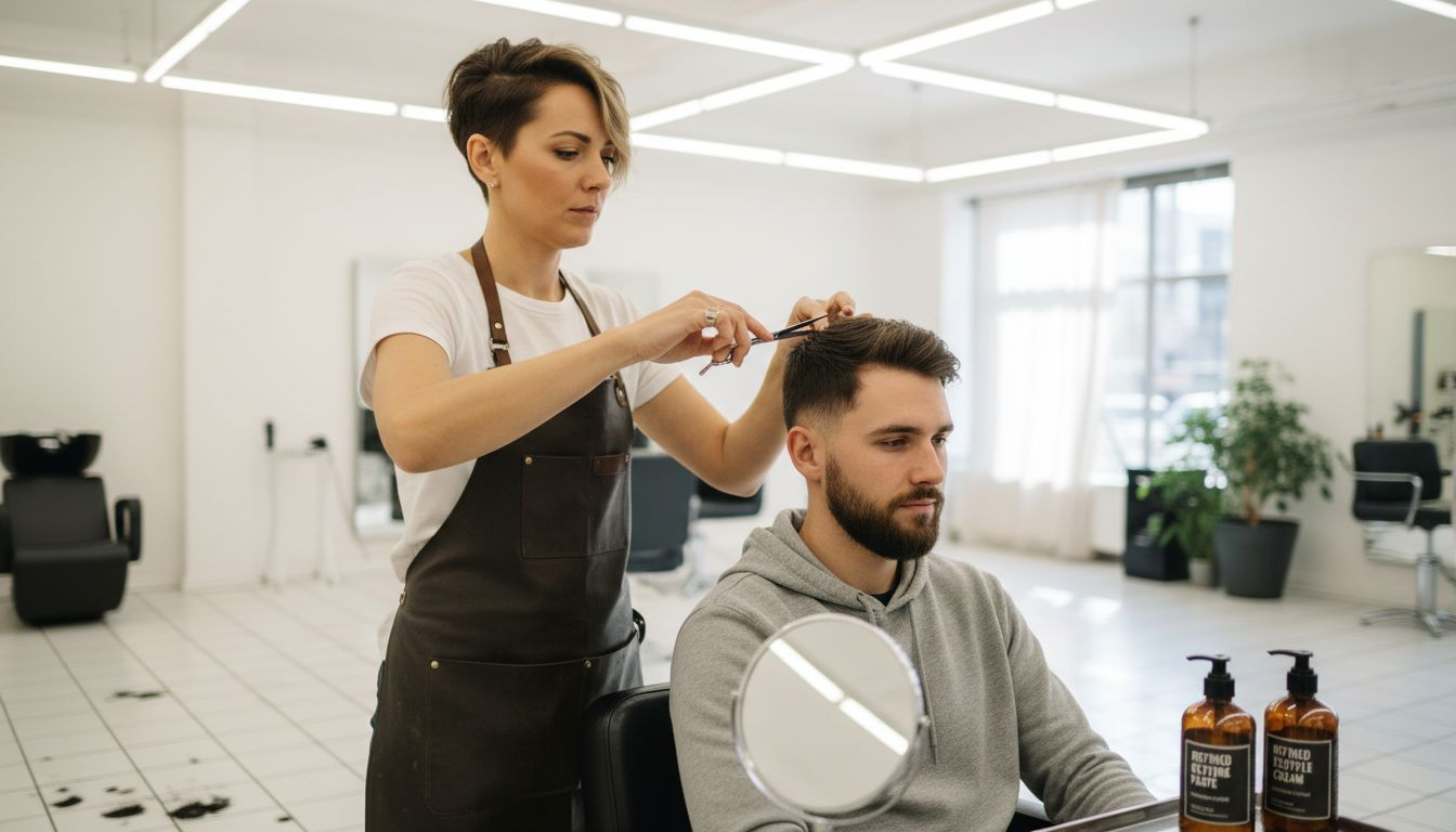 Stylist performing precision cutting in salon
