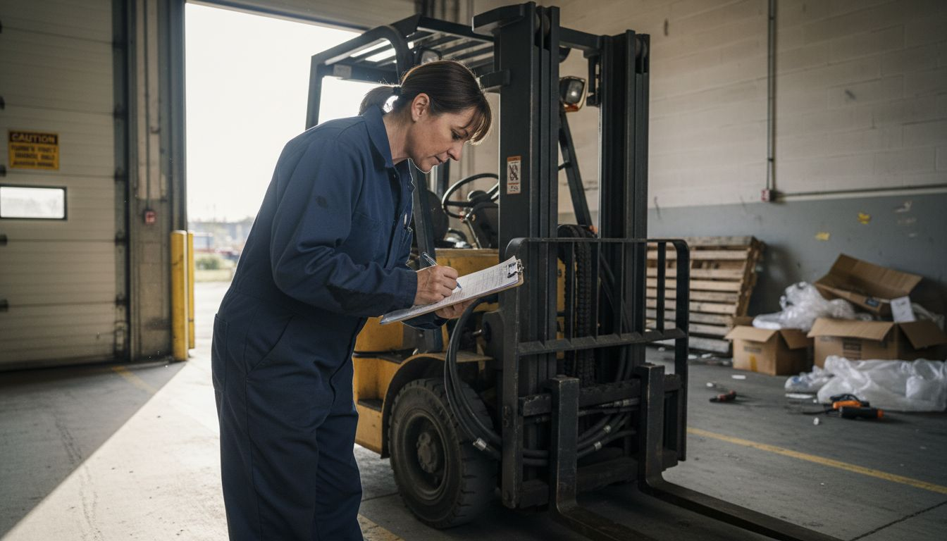 Operator examines forklift parts using checklist
