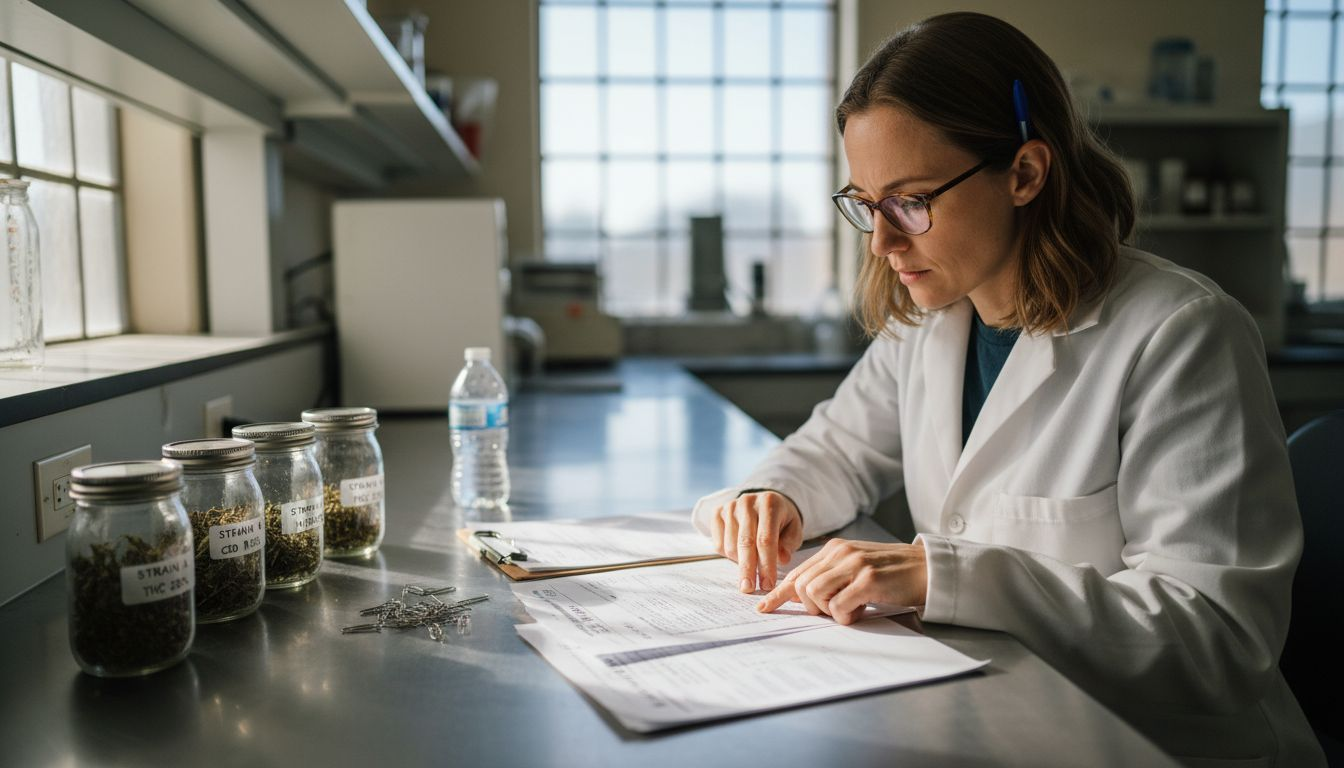 Lab technician reviews cannabis test paperwork