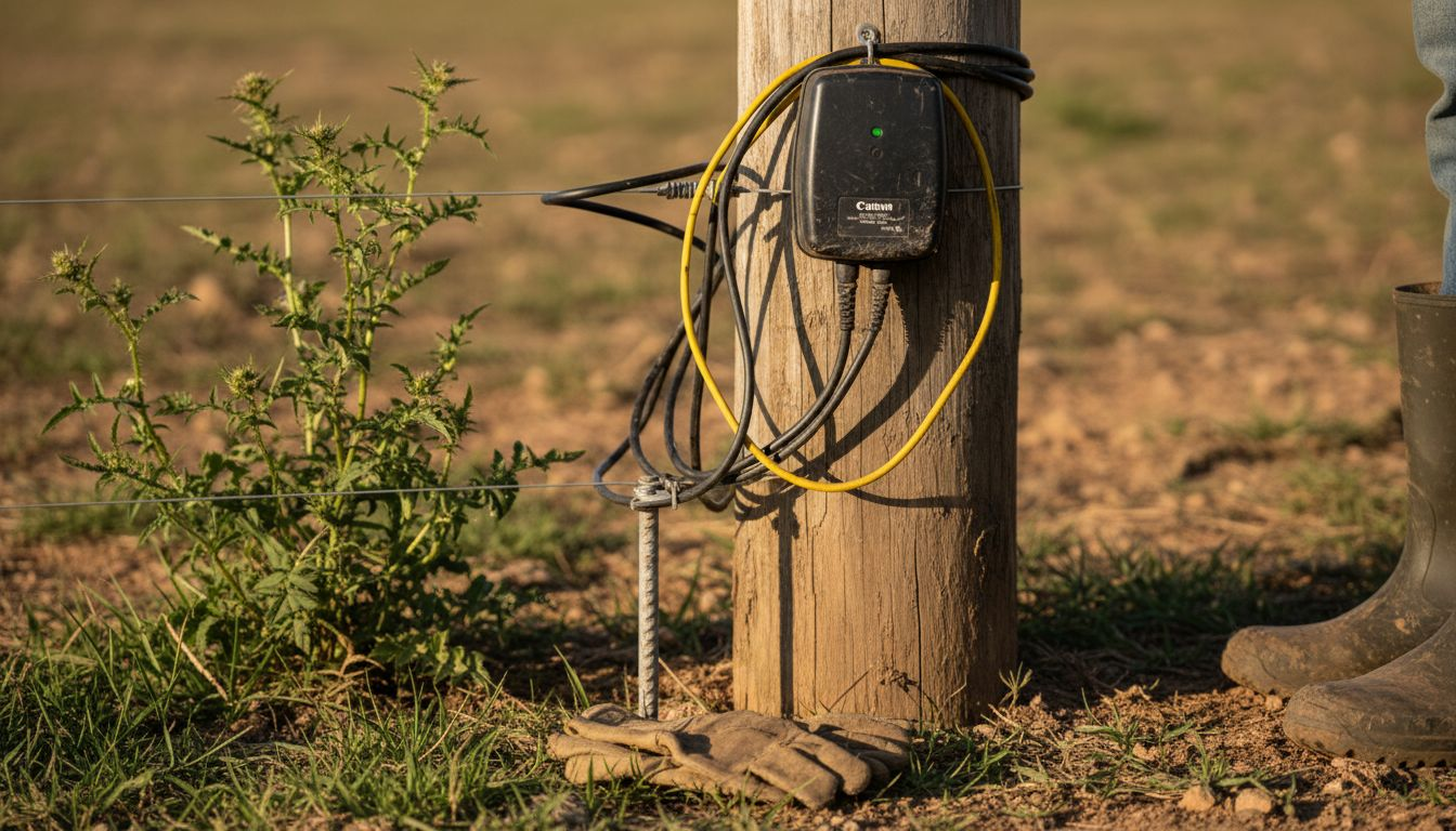 Close-up of electric fence energizer and wires