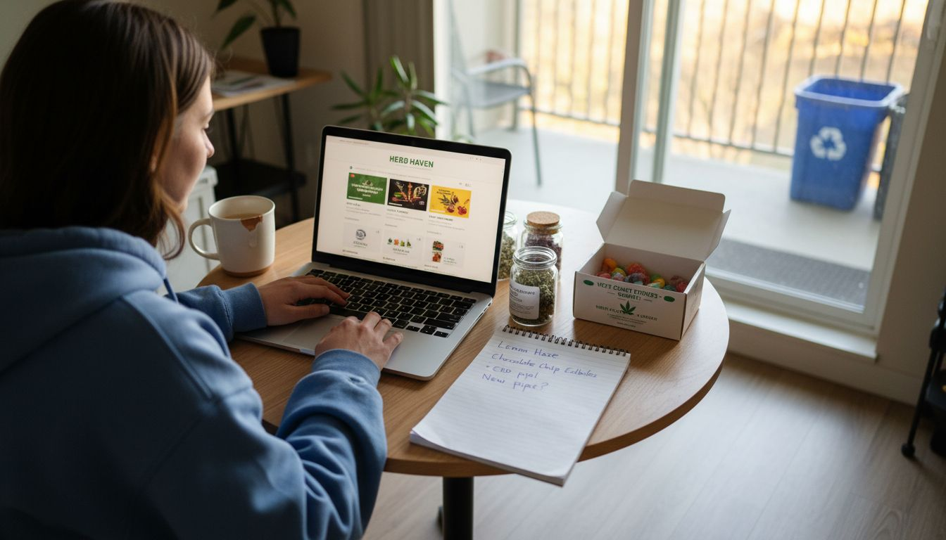 Woman checks cannabis product selection at kitchen table