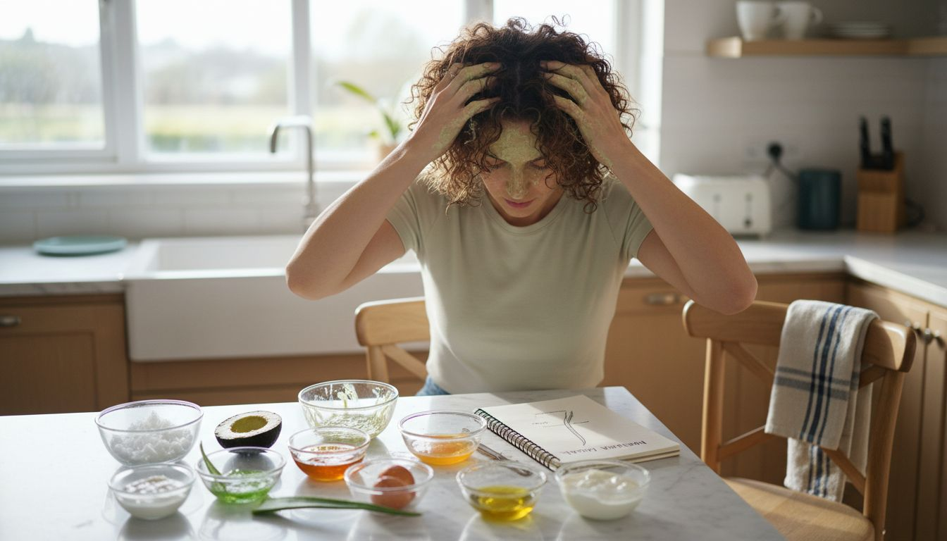 Woman applies hair mask with natural ingredients on kitchen island