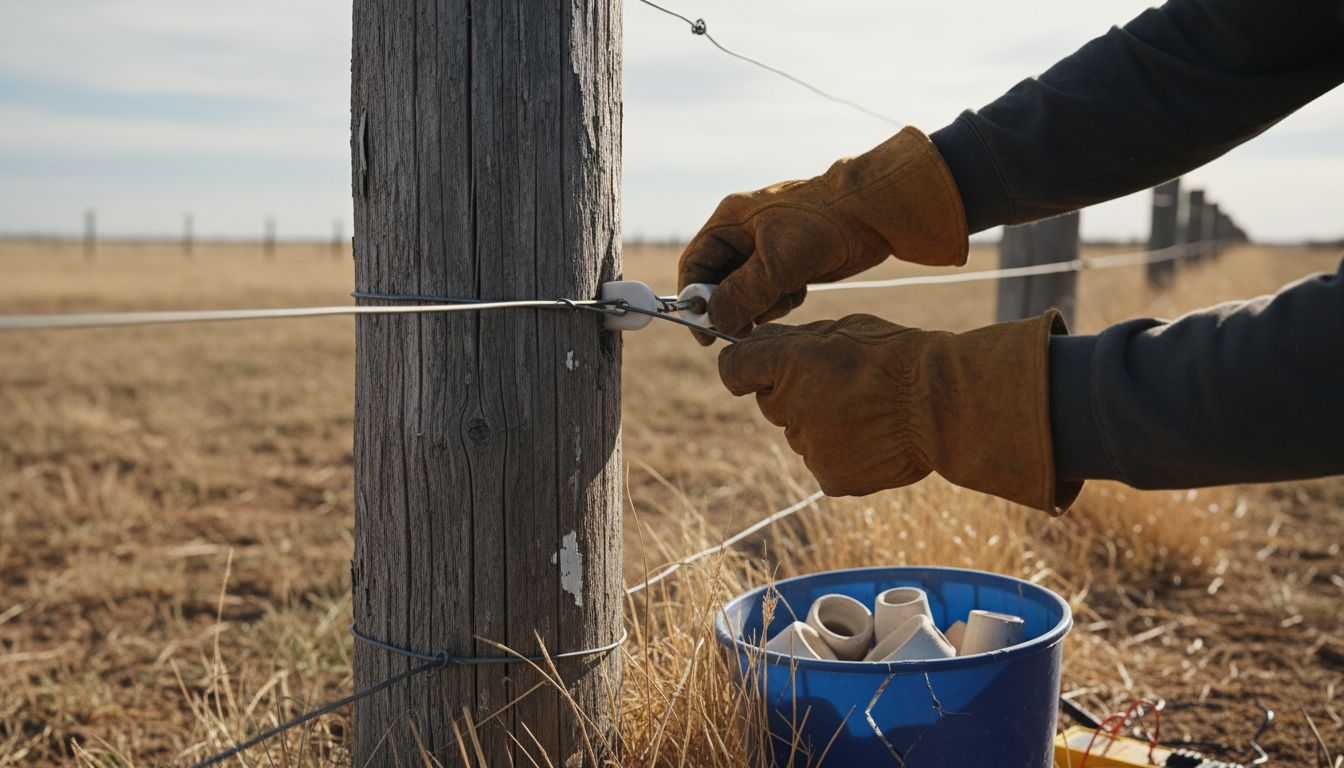 Worker installing ceramic insulator on fence