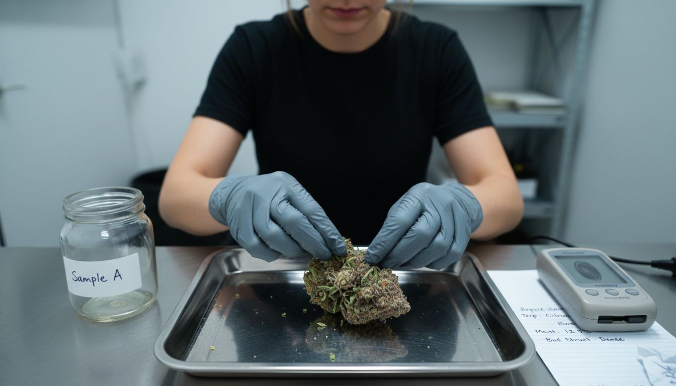 Hands testing cannabis dried flower quality
