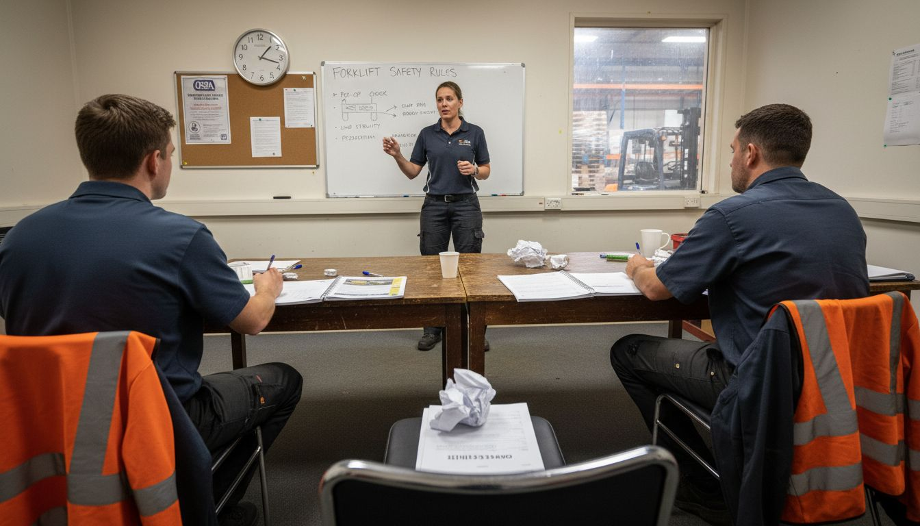 Trainer teaching forklift safety in classroom setting