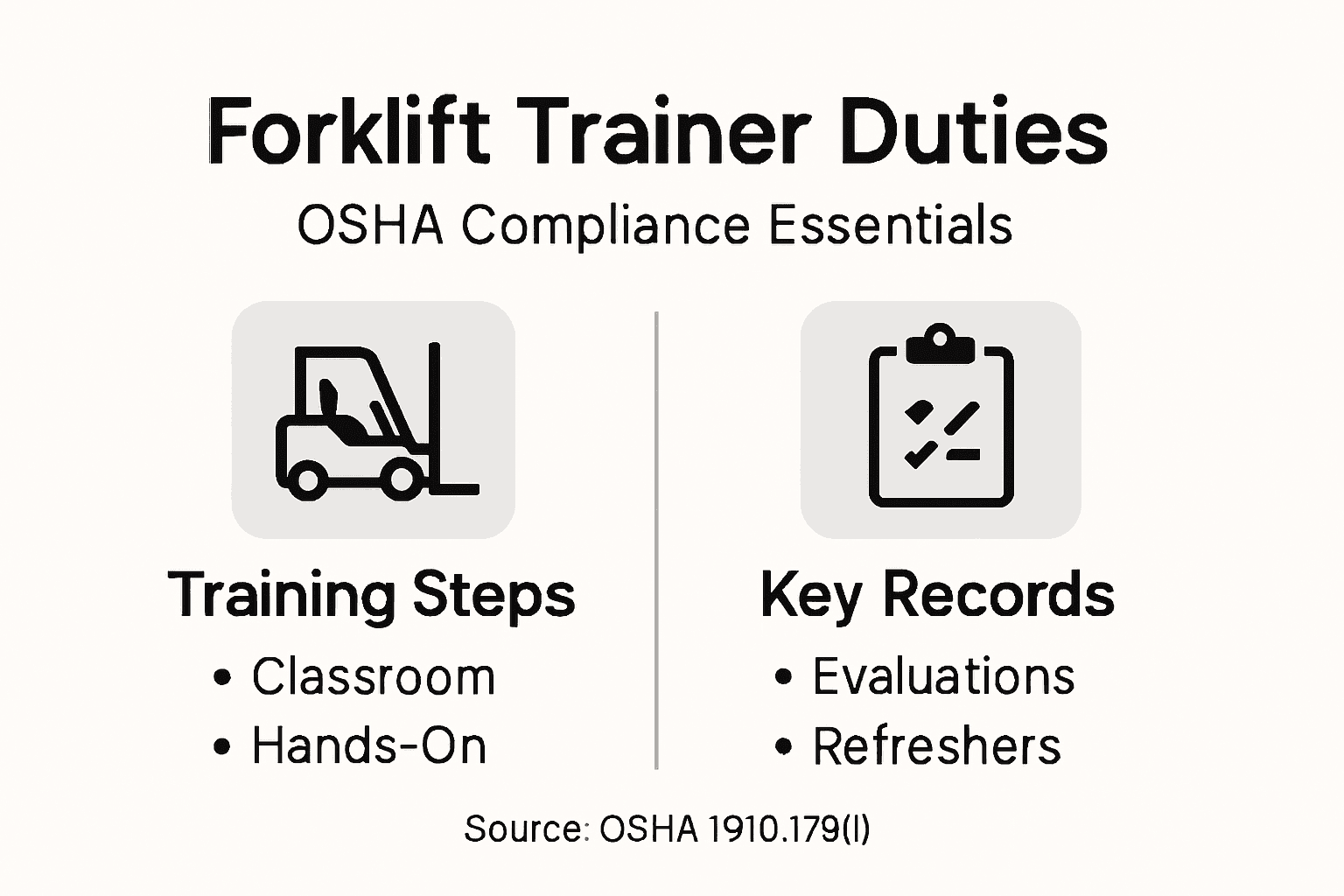 Infographic outlining forklift trainer OSHA duties