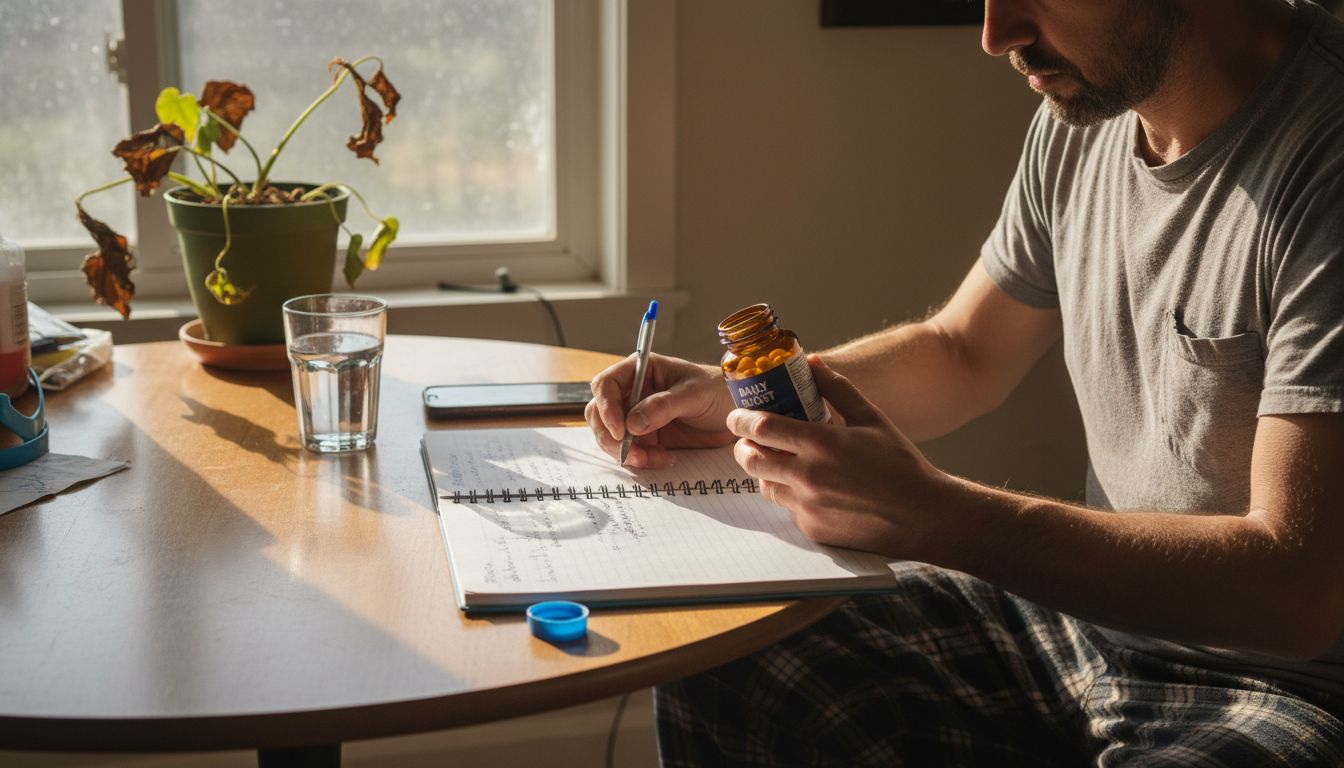 Man recording microdose routine at breakfast table
