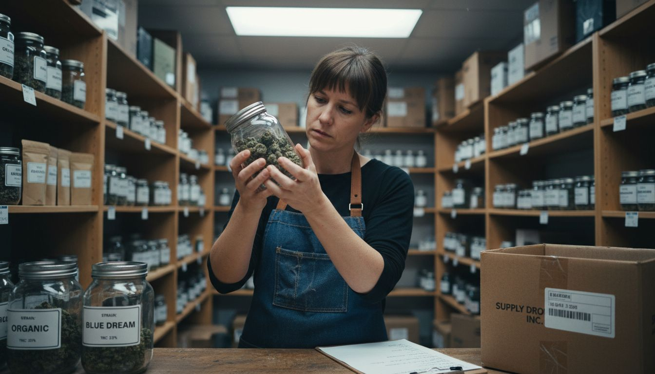 Worker checks organic cbd thca product label